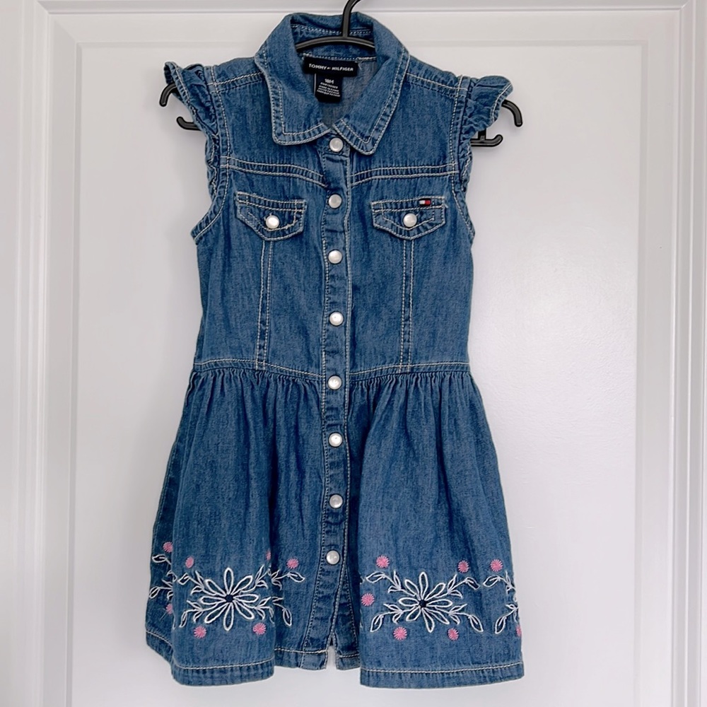 Tommy Hilfiger Baby‎ Girl Denim Embroidered Dress,Ruffles,Snap Button,Size 18M